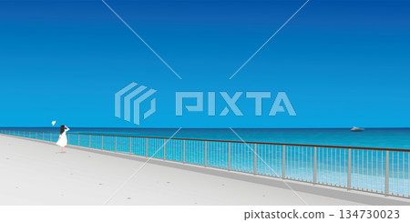 A woman at seaside walkway in sunny day have blue sky background graphic illustration. Traveling in summer concept have blank space. 134730023