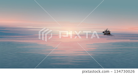 Minimalist seascape with silhouette pirate ship at skyline have sunset and twilight sky background graphic illustration. 134730026