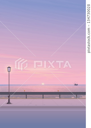 Seascape view from sidewalk with silhouette fishing boat followed by seagulls have dramatic sky vertical background graphic illustration. 134730028