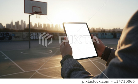 Tablet with a blank white screen on a basketball court. Concept of sports technology, coaching, digital tools, and professional performance tracking. Commercial stock-ready. 134730066