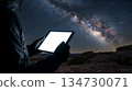 Tablet with a blank screen under a starry night sky. Concept of innovation, futuristic technology, digital creativity, and professional stock illustration. Perfect for advertising and presentations. 134730071