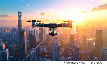 Modern drone flying over a city skyline at sunset. Concept of aerial technology, urban innovation, drone photography, and futuristic digital lifestyle. Ready for stock and advertising use. Modern drone flying over a city skyline at sunset. Concept of aerial technology, urban innovation, drone photography, and futuristic digital lifestyle. Ready for stock and advertising use. 134730220