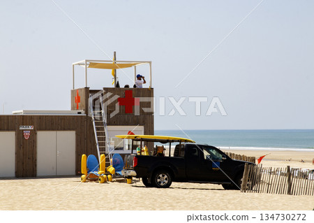 Lifeguard Station and Rescue Vehicle at Soulac-sur-Mer Beach in France 134730272