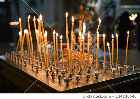 Lighted candles in memory of the deceased in the Orthodox Church Lighted candles in memory of the deceased in the Orthodox Church 134730545