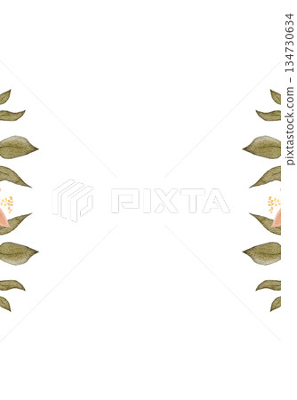 Floral frame vertical border, peach blossoms, green leaves, watercolor hand-painted illustration isolated on white, botanical design ideal for wedding stationery, invitations, greeting cards, branding Floral frame vertical border, peach blossoms, green leaves, watercolor hand-painted illustration isolated on white, botanical design ideal for wedding stationery, invitations, greeting cards, branding 134730634