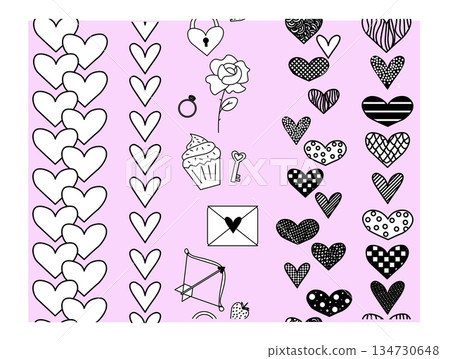 Valentine's Day set ring rose seamless vertical border. Vector graphic line black and white illustration. For poster, invitation, backdrop, ad, sale promotion, print for t-shirt 134730648