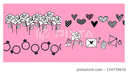Valentine's Day set ring rose seamless horizontal border. Vector graphic line black and white illustration. For poster, invitation, backdrop, ad, sale promotion, print for t-shirt Valentine's Day set ring rose seamless horizontal border. Vector graphic line black and white illustration. For poster, invitation, backdrop, ad, sale promotion, print for t-shirt 134730656