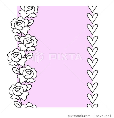 Hearts and roses Valentine's Day Frame seamless vertical border. Vector graphic line black and white illustration. for package, holiday design, fabric and textile. Hearts and roses Valentine's Day Frame seamless vertical border. Vector graphic line black and white illustration. for package, holiday design, fabric and textile. 134730661