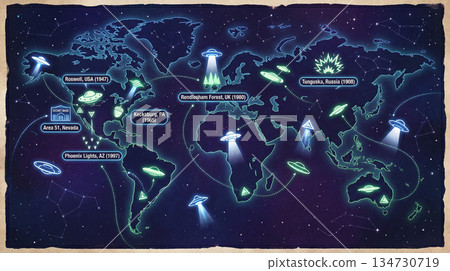 世界各地不明飛行物目擊事件示意圖 世界各地不明飛行物目擊事件示意圖 134730719