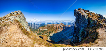 Autumn hiking trail on the ridge of Low Tatras mountains, Slovakia. 134730788