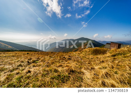 Autumn hiking trail on the ridge of Low Tatras mountains, Slovakia. 134730819