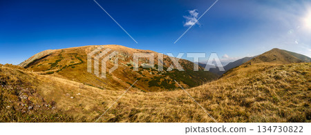 Autumn hiking trail on the ridge of Low Tatras mountains, Slovakia. 134730822