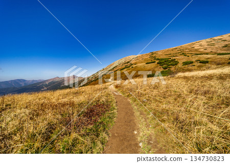 Autumn hiking trail on the ridge of Low Tatras mountains, Slovakia. Autumn hiking trail on the ridge of Low Tatras mountains, Slovakia. 134730823