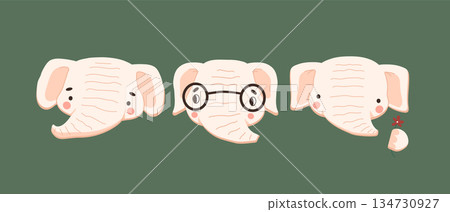 Set of three white or pink isolated hand-drawn vector elephants. Flat cartoon style for cards, invitation, school learning books 134730927