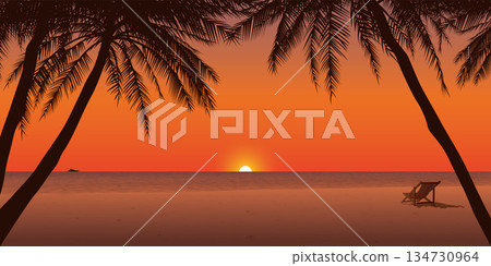 Minimalist sunset seascape with silhouetted palm trees, beach chair and twilight sky background graphic illustration have blank space. Minimalist sunset seascape with silhouetted palm trees, beach chair and twilight sky background graphic illustration have blank space. 134730964