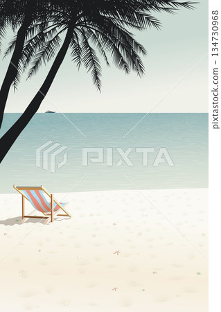 Minimalist seascape with silhouette palm trees and beach chair at the beach graphic illustration have blank space. 134730968