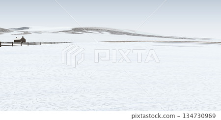 Minimalist pasture landscape and country house in winter covered with white snow graphic illustration have blank space. 134730969