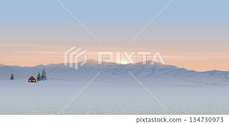 Minimalist sunset landscape with mauntain ranges, country house and pine trees in winter season covered by white snow have dramatic sky background graphic illustration. 134730973