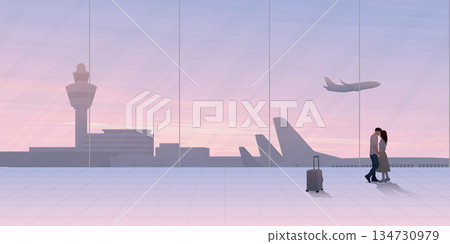 Couple of lover kissing at the airport have plane and dramatic sky background through windows graphic illustration. Happy ending scene concept. 134730979