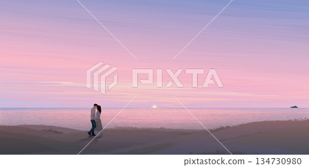 Seascape with couple of lover kissing silhouetted at cliff have twilight sky background graphic illustration. Valentine day illustrated concept have blank space. Seascape with couple of lover kissing silhouetted at cliff have twilight sky background graphic illustration. Valentine day illustrated concept have blank space. 134730980