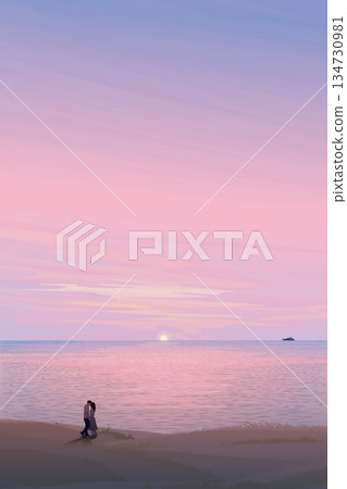 Seascape with couple of lover kissing silhouetted at cliff have twilight sky vertical background graphic illustration. Valentine day illustrated concept have blank space. 134730981