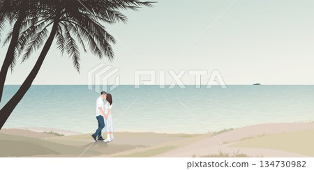 Seascape with couple of lover kissing and silhouette palm trees at the cliff graphic illustration have blank space. Seascape with couple of lover kissing and silhouette palm trees at the cliff graphic illustration have blank space. 134730982
