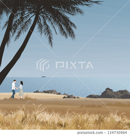 Seascape in autumn season with couple of lover hand holding together and silhouette palm trees at the cliff have blue sky square background graphic illustration. Seascape in autumn season with couple of lover hand holding together and silhouette palm trees at the cliff have blue sky square background graphic illustration. 134730984