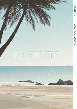 Seascape with silhouette palm trees at the cliff have blue sky vertical background graphic illustration. 134730985