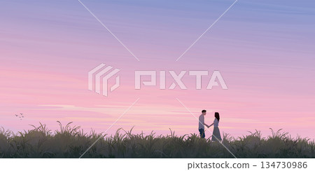 Silhouette grass field landscape with couple of lover hand holding together graphic illustration have blank space at twilight sky background. Valentine's day greeting card template. 134730986