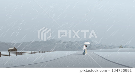 Countryside landscape in rainy day with couple of lover kissing under umbrlla have mountain ranges and dusk sky background. 134730991
