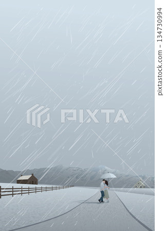 Countryside landscape in rainy day with couple of lover kissing under umbrlla have mountain ranges and dusk sky vertical background. 134730994