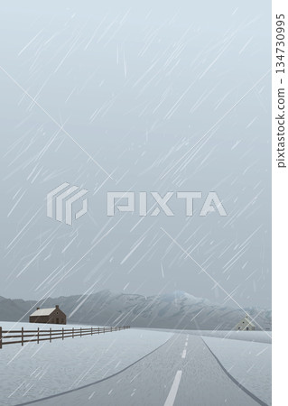 Countryside landscape in rainy day have mountain ranges and dusk sky vertical background graphic illustration. 134730995