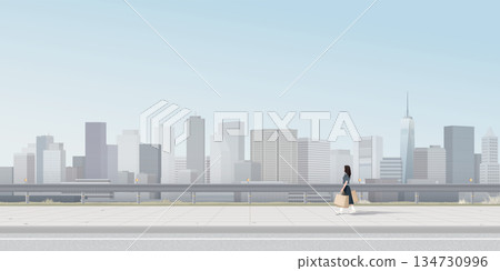 Cityscape with a woman holding a lot of shopping bags walking on the sidewalk have skyscraper and blue sky background graphic illustration. 134730996