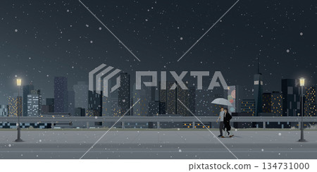 Cityscape in winter season at night with couple of lover under umbrella walking on the sidewalk have skyscraper and night sky background graphic illustration. Cityscape in winter season at night with couple of lover under umbrella walking on the sidewalk have skyscraper and night sky background graphic illustration. 134731000