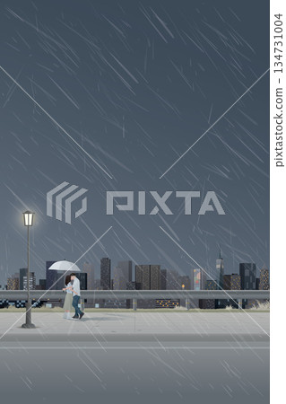 Cityscape in rainy day view from sidewalk with couple of lover kissing under umbrella have skyscraper and cloudy sky vertical background graphic illustration. 134731004