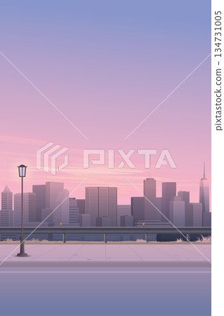 Cityscape view from sidewalk have silhouette skyscraper and dramatic sky vertical background graphic illustration. 134731005