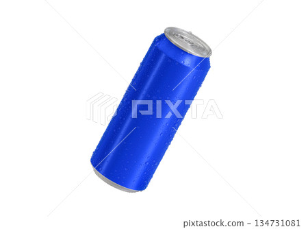 Blue Aluminum soda can with water drops isolated on white background 134731081
