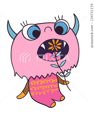 Funny hand drawn doodle vector monster with open mouth eating a flower, Fun animal for baby and kids graphic designs Funny hand drawn doodle vector monster with open mouth eating a flower, Fun animal for baby and kids graphic designs 134731174