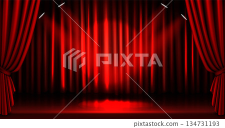 Red stage curtain with dramatic spotlight beams 134731193