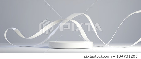 Abstract 3D podium with flowing white ribbon wave 134731205