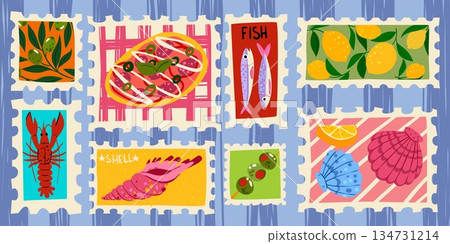 Color stamps with traditional Italian food 134731214