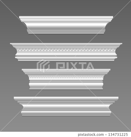 White cornice molding with decorative trim element White cornice molding with decorative trim element 134731225