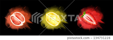 Fruit taste explosion effect on black background 134731228