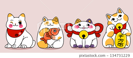 Maneki neko cats set isolated on background Maneki neko cats set isolated on background 134731229
