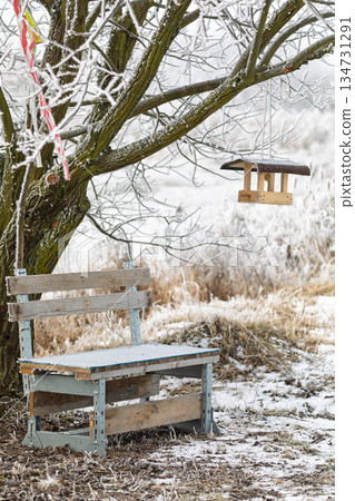 Winter Bench under a Frosted European Ash Tree in a Snowy Field, South Moravia, Czech Republic 134731291