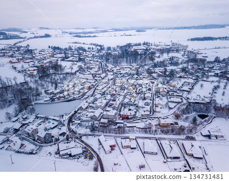 Aerial view of Highland village Puklice in Czech Republic in winter Aerial view of Highland village Puklice in Czech Republic in winter 134731481