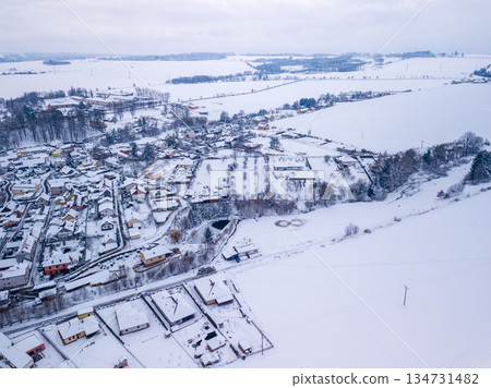 Aerial view of Highland village Puklice in Czech Republic in winter 134731482