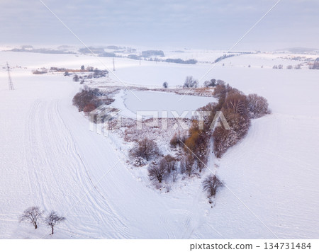 Aerial view of a frozen lake surrounded by a snowy landscape in winter. Highland, Vysocina, Czech Republic 134731484