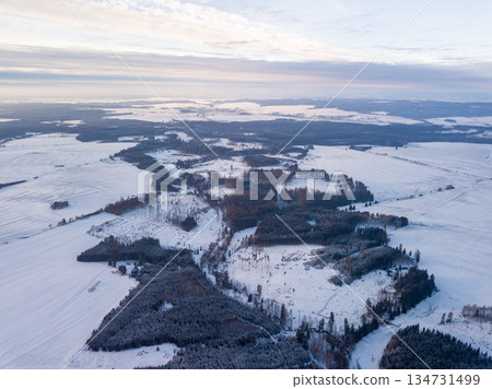 Aerial view of snow covered landscape with forests, Highland, Vysocina, Czech Republic Aerial view of snow covered landscape with forests, Highland, Vysocina, Czech Republic 134731499