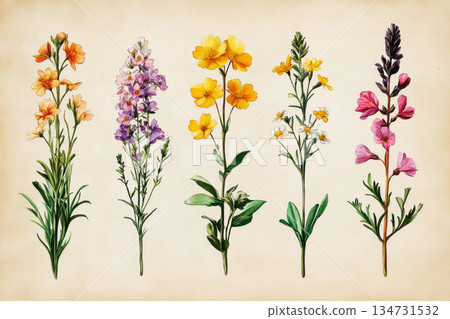 A botanical Herbarium illustration featuring Common Heather, Cowslip, Oxeye Daisy, Wild Thyme, Fireweed and Lupine, isolated on an old paper background with soft pastel muted colors, evoking a natural 134731532